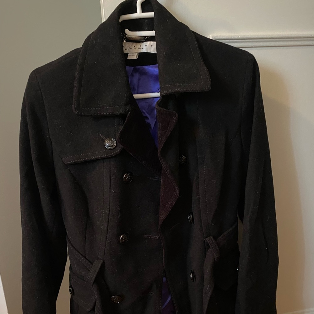 Womens black winter trench coat, size 8